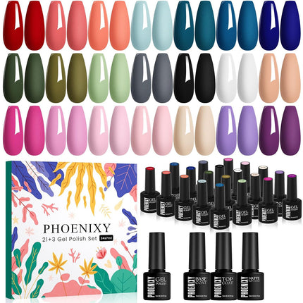 24PCS Gel Nail Polish Set, 21 Colors with Base & Matte Glossy Top Coats, UV LED Cure