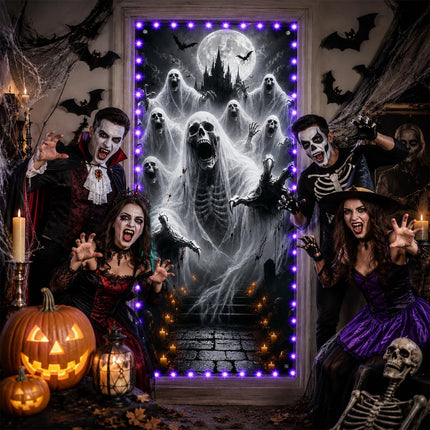 71x35in Halloween Skeleton Door Cover with LED Lights, Spooky Haunted House Decor