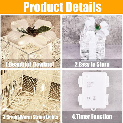 Warm White LED Lighted Gift Boxes Set of 3 Christmas Ornaments with Bows