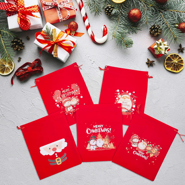 5PCS Flannel Christmas Gift Bags – Small Drawstring Bags for Party Favors
