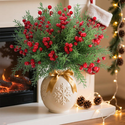 4 Bundles Christmas Flower Picks – Faux Pine & Red Berry Stems for DIY Decor