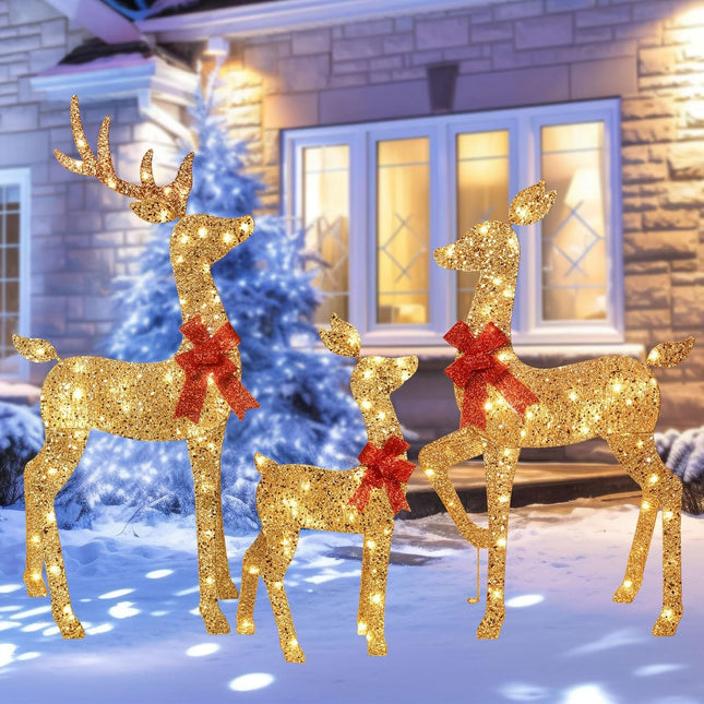 3-Piece 2D Lighted Deer Set with 145 LEDs, Outdoor Xmas Yard Decoration, Gold