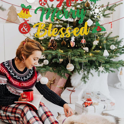 Glittery Merry & Blessed Christmas Banner – Snowman Santa Snowflake Party Decor