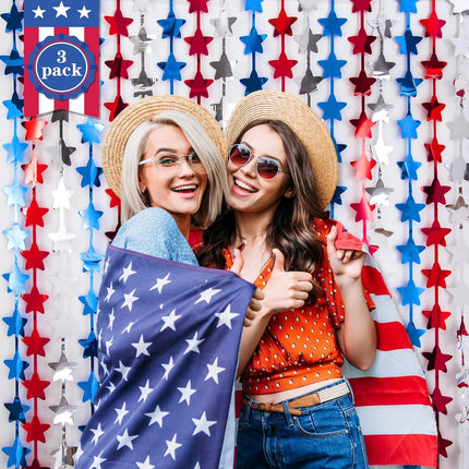 3 Pack 4th of July Star Tinsel Fringe Curtains Patriotic Party Backdrop