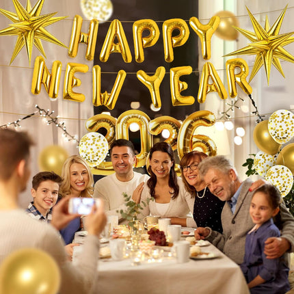 Happy New Year 2026 Balloon Set Metallic Gold Confetti & Number Balloons