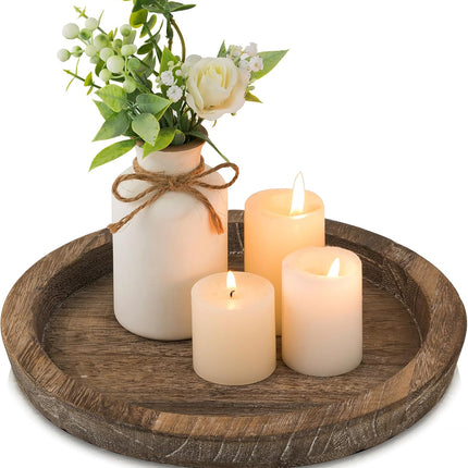 Round Wooden Candle Plate Tray – Rustic Farmhouse Table Decor