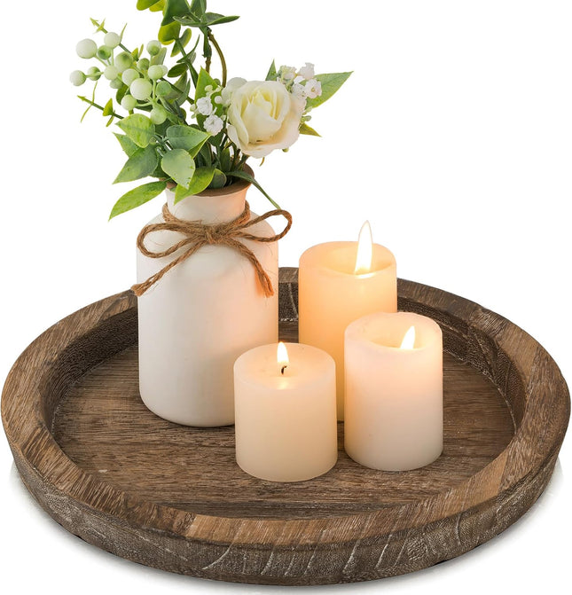 Round Wooden Candle Plate Tray – Rustic Farmhouse Table Decor