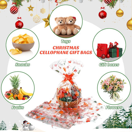 12 PCS Large Christmas Basket Bags – Clear Cellophane with Red & Green Ties