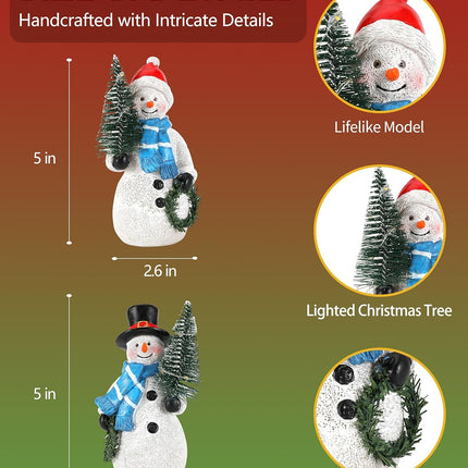 Christmas Snowmen Duo with Lighted Tree Wreath – Resin Figurines, Indoor Use