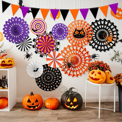 Halloween Party Decorations Set, Spooky Banner, Paper Fans & Dot Garland for Party