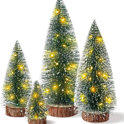 4-Piece Mini Christmas Trees, Bottle Brush with Lights for Holiday Table Decor