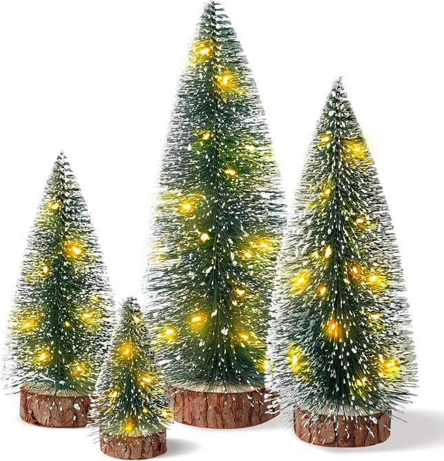 4-Piece Mini Christmas Trees, Bottle Brush with Lights for Holiday Table Decor