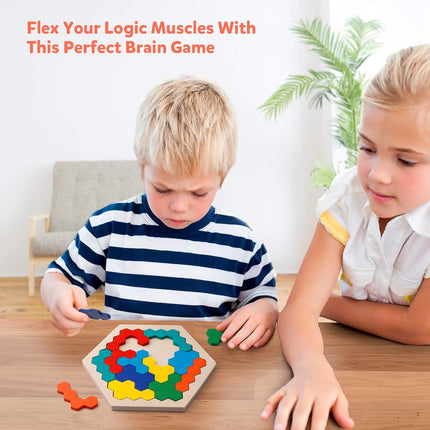 Wooden Hexagon Tangram Puzzle STEM Brain Teaser Game for Kids & Adults