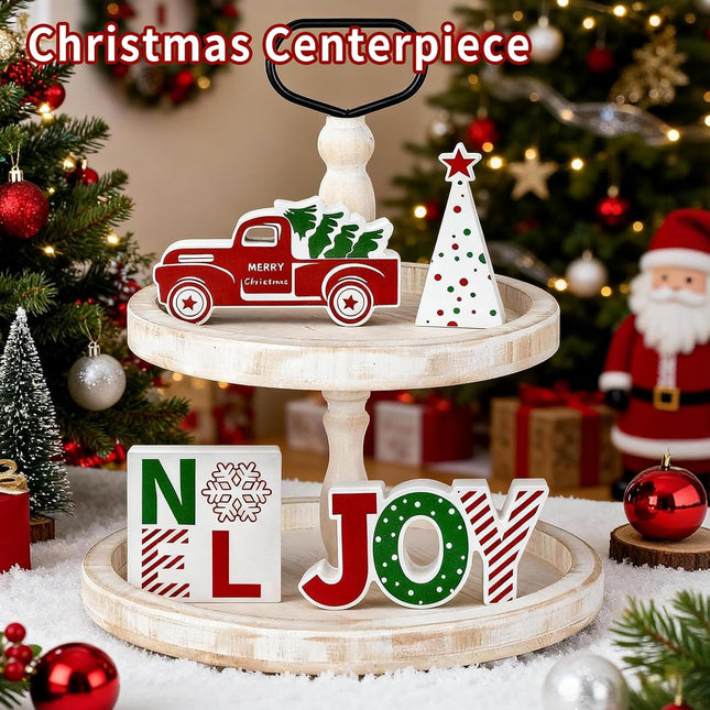 4PCS Christmas Wooden Table Decorations – Red Truck JOY NOEL Tiered Tray Decor