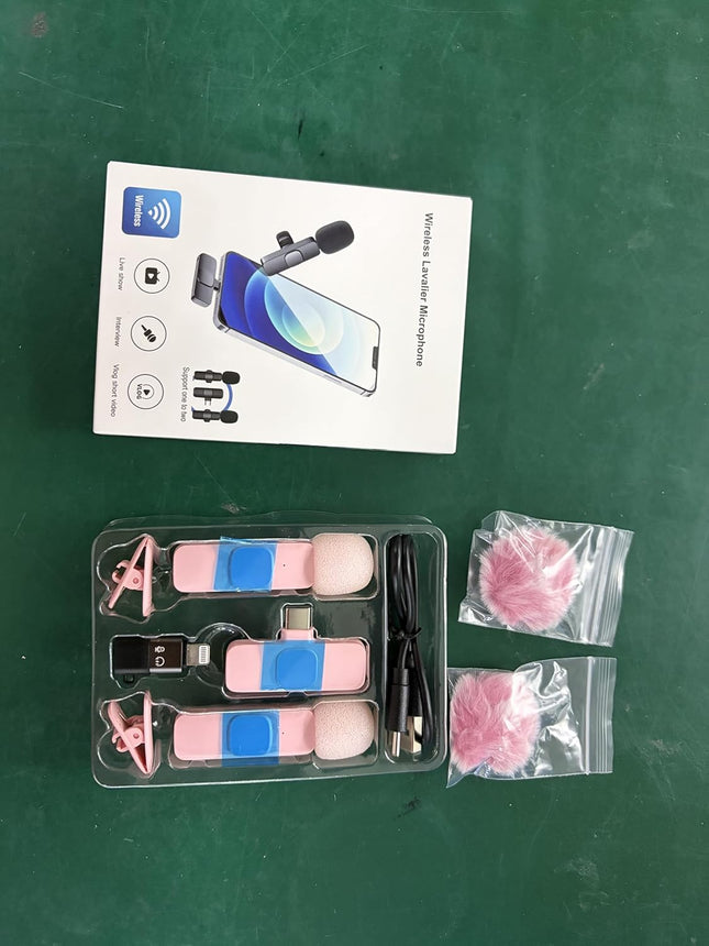Pink Wireless Lavalier Mic – Clip-On, Noise Cancelling, 65ft Range for iPhone/Android