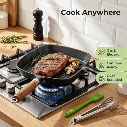 9" Cast Iron Grill Pan, Griddle Skillet with Kitchen Tongs & Cleaning Brush