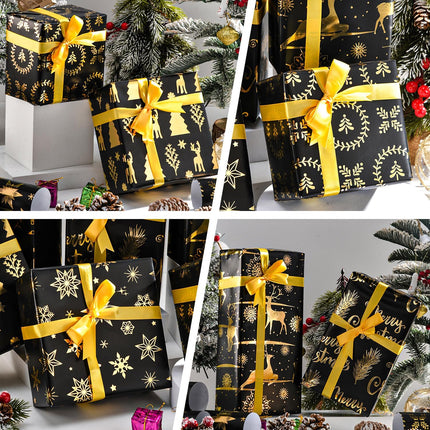 Christmas Wrapping Paper Black Gold 6 Sheets Metallic Foil with 4 Ribbons