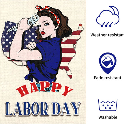 Happy Labor Day Woman Garden Flag 12x18 Double Sided Burlap USA Flag Only