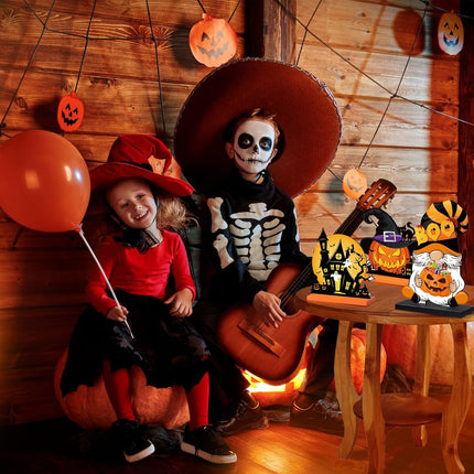 6-Piece Halloween Wooden Table Centerpieces, Pumpkin Gnome Witch Hat Party Decor