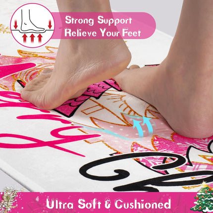 3 pcs Christmas Kitchen Rug Set Pink Tree & Snowman Washable Anti-Fatigue Mats