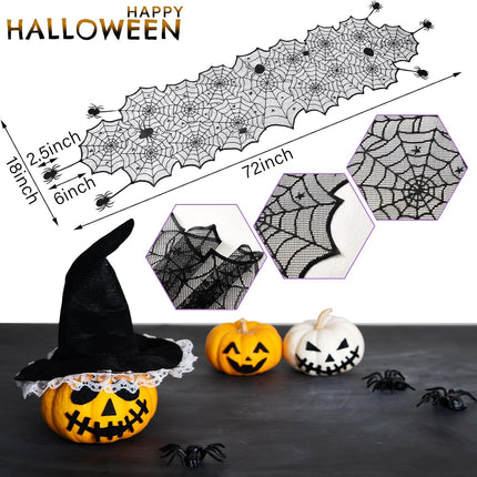 18x72in Halloween Black Lace Table Runner, Spider Web Gothic Mantel & Table Decor