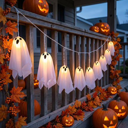 10-Piece Light-Up Hanging Ghost Ornaments, Glowing Indoor Outdoor Halloween Decor