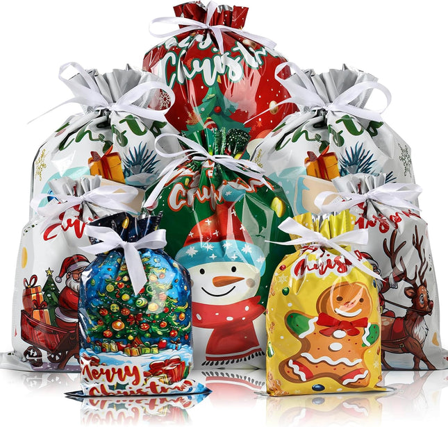 20PCS Christmas Drawstring Bags Small to Jumbo Sizes with Festive Designs & Tags