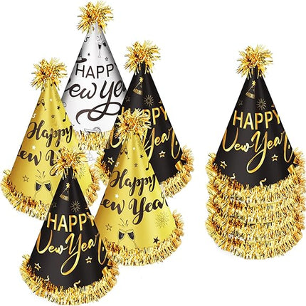 12 Pack NYE Party Hats 2026 – Happy New Year Gold Black Silver Cone Hats