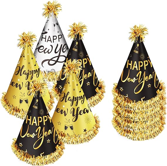 12 Pack NYE Party Hats 2026 – Happy New Year Gold Black Silver Cone Hats