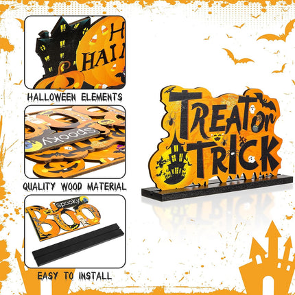 4-Piece Halloween Wooden Table Centerpieces, Pumpkin BOO Trick or Treat Signs