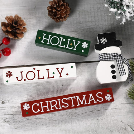 4PCS Wooden Block Christmas Signs – Classic Red, White & Green Decor