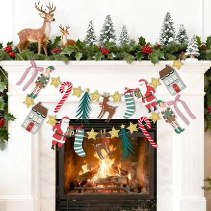 Merry Christmas Banner – Santa, Stocking & Reindeer Garland for Holiday Decor