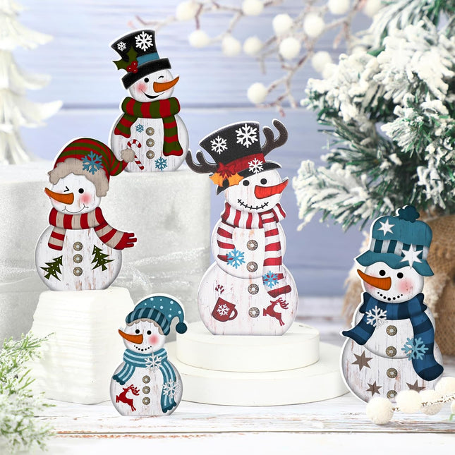 5Pcs Snowman Christmas Table Decor Rustic Wooden Winter Centerpieces