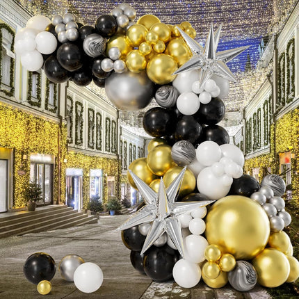 New Year 2026 Balloon Arch Kit Black Gold Silver White Star Party Decorations