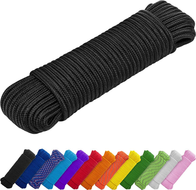 90-150 FT Polypropylene/Nylon Rope – 1/4" & 3/8", Diamond Braided, Black