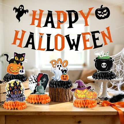 Halloween Honeycomb Table Centerpieces, Black Cat Ghost Pumpkin Witch Hat Boo Decor