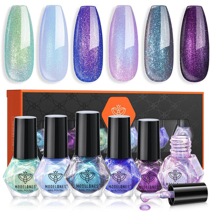 6-Color Holographic Aurora Nail Polish Set, Quick-Dry Shimmer Glitter, No UV Lamp