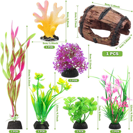 8 Piece Aquarium Decorations Set Broken Barrel Coral and Artificial Plants for Fish Tanks