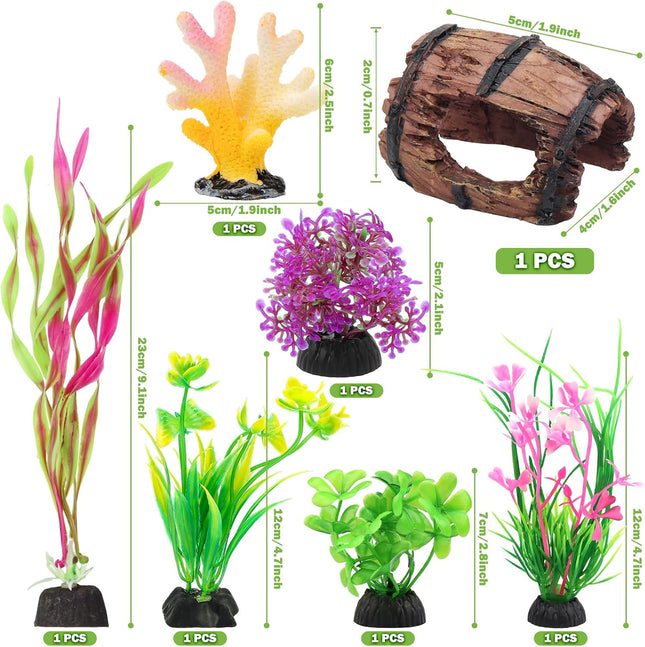 8 Piece Aquarium Decorations Set Broken Barrel Coral and Artificial Plants for Fish Tanks
