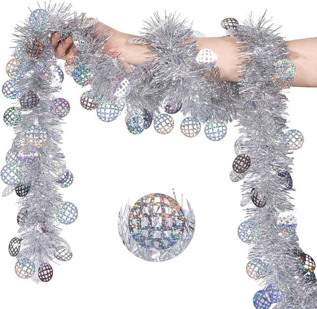 Christmas Silver Tinsel Garland 33FT – Shiny Hanging Disco Party Decor