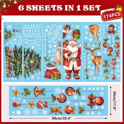 174 PCS Christmas Window Clings Decorations Santa Tree Snowflake Stickers