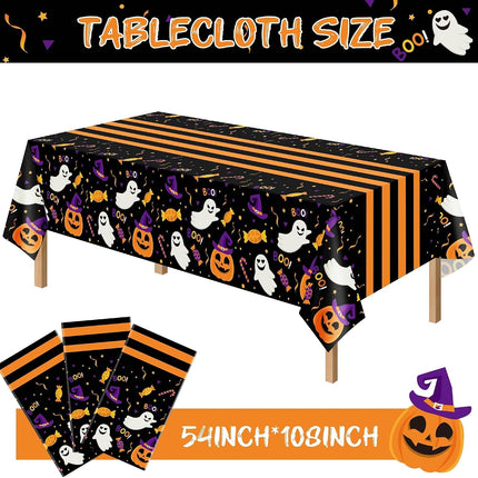 3-Pack 54x108in Halloween Plastic Tablecloths, Disposable Ghost Black Table Covers
