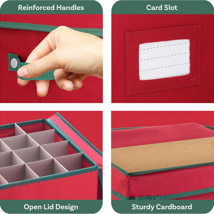 Christmas Decor Storage Box – Red Canvas Cube with 64 Dividers & Lid
