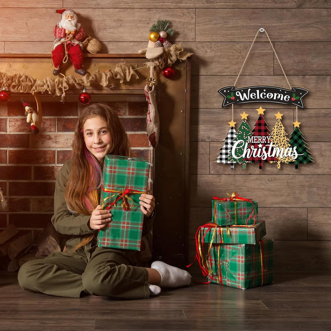 Merry Christmas Wreath Hanging Sign – Wooden Welcome Sign for Front Door