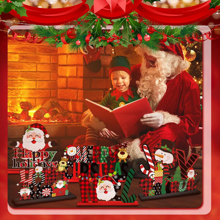 6PCS Christmas Table Decorations, Wooden Snowman, Santa, Reindeer Centerpieces