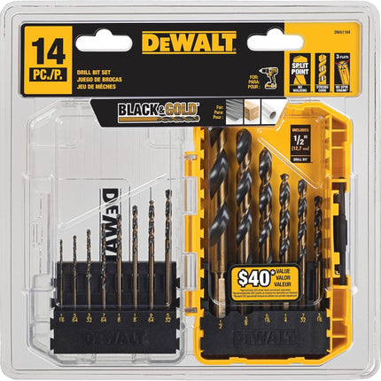 14pc Drill Bit Set with 3 Flat Shank 135° Split Point for Wood Metal Plastic