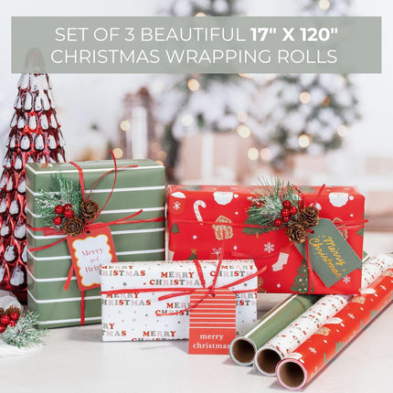 3-Pack Christmas Gift Wrapping Paper Rolls – 17"x120" Cute Holiday Designs