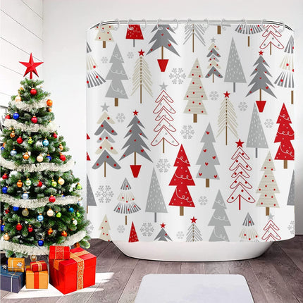 Christmas Tree Shower Curtain – Grey, Beige & Red with Stars, Snowflakes for Holiday Bathroom