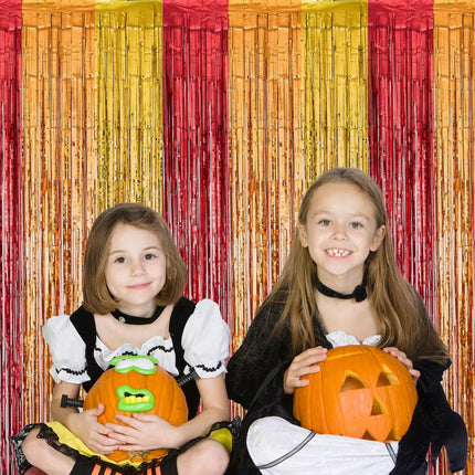 Fall Harvest Photo Backdrop 2 Pack Foil Fringe Curtains Red Gold Orange 3.3x6.6 Ft