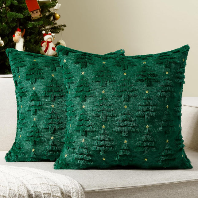 Christmas Tree Throw Pillow Covers – 2PCS 18x18" Green Faux Fur Cushion Case